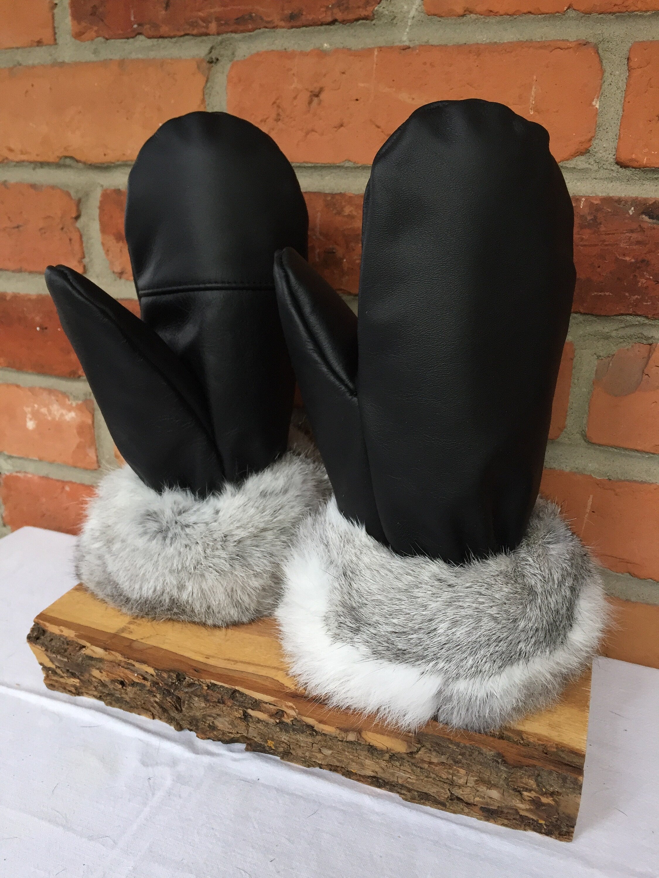 Genuine leather mittens and rabbit fur